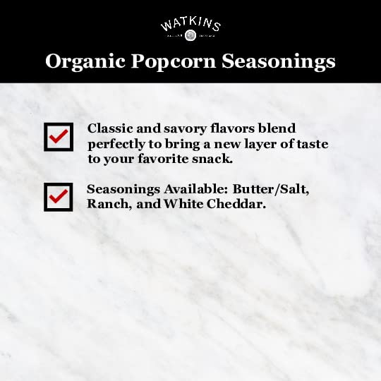 Watkins popcorn seasoning display with bowl shows ready-to-serve flavor lineup.