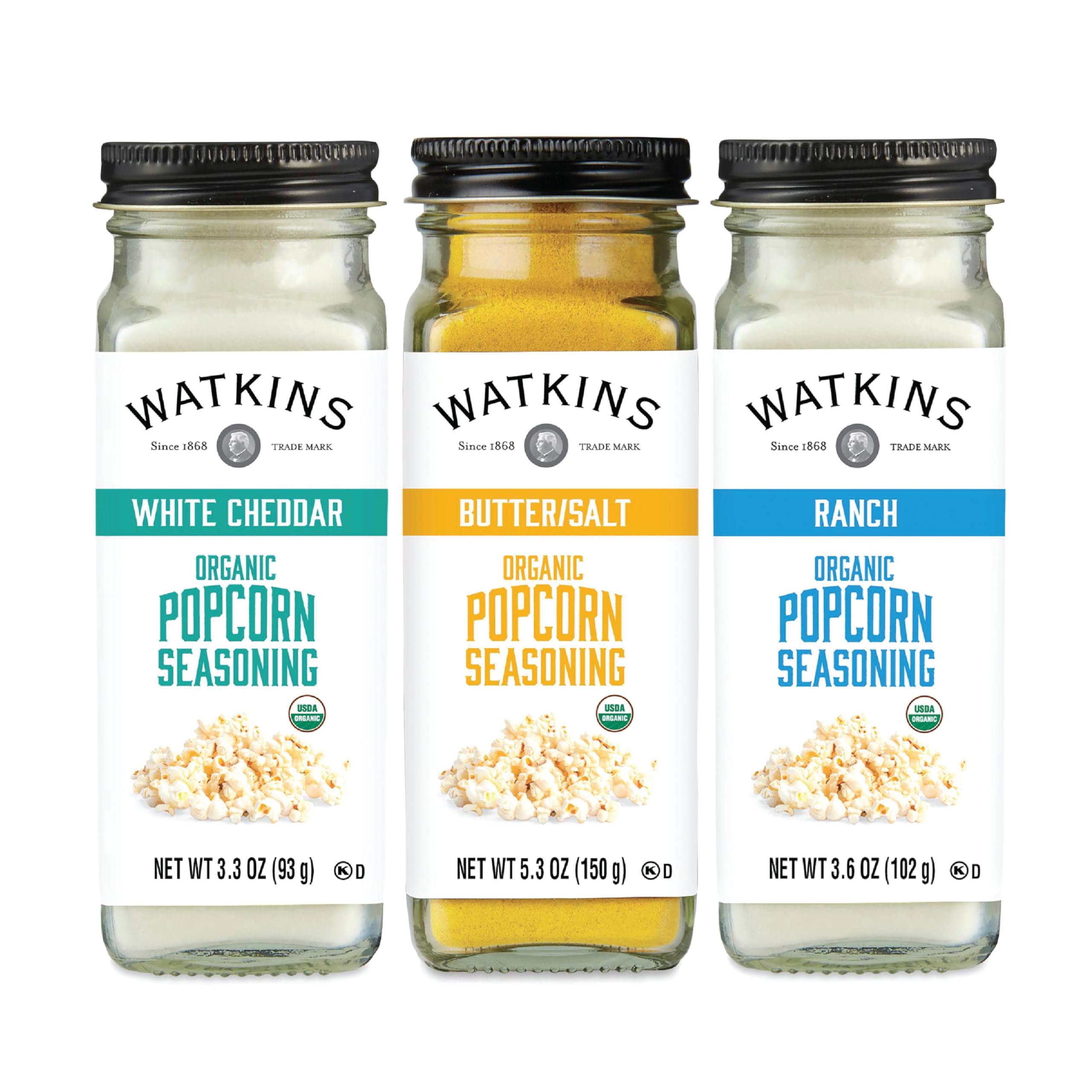 Watkins White Cheddar popcorn seasoning bottle adds bold flavor to popcorn.