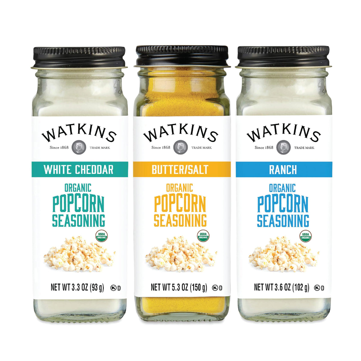Watkins White Cheddar popcorn seasoning bottle adds bold flavor to popcorn.