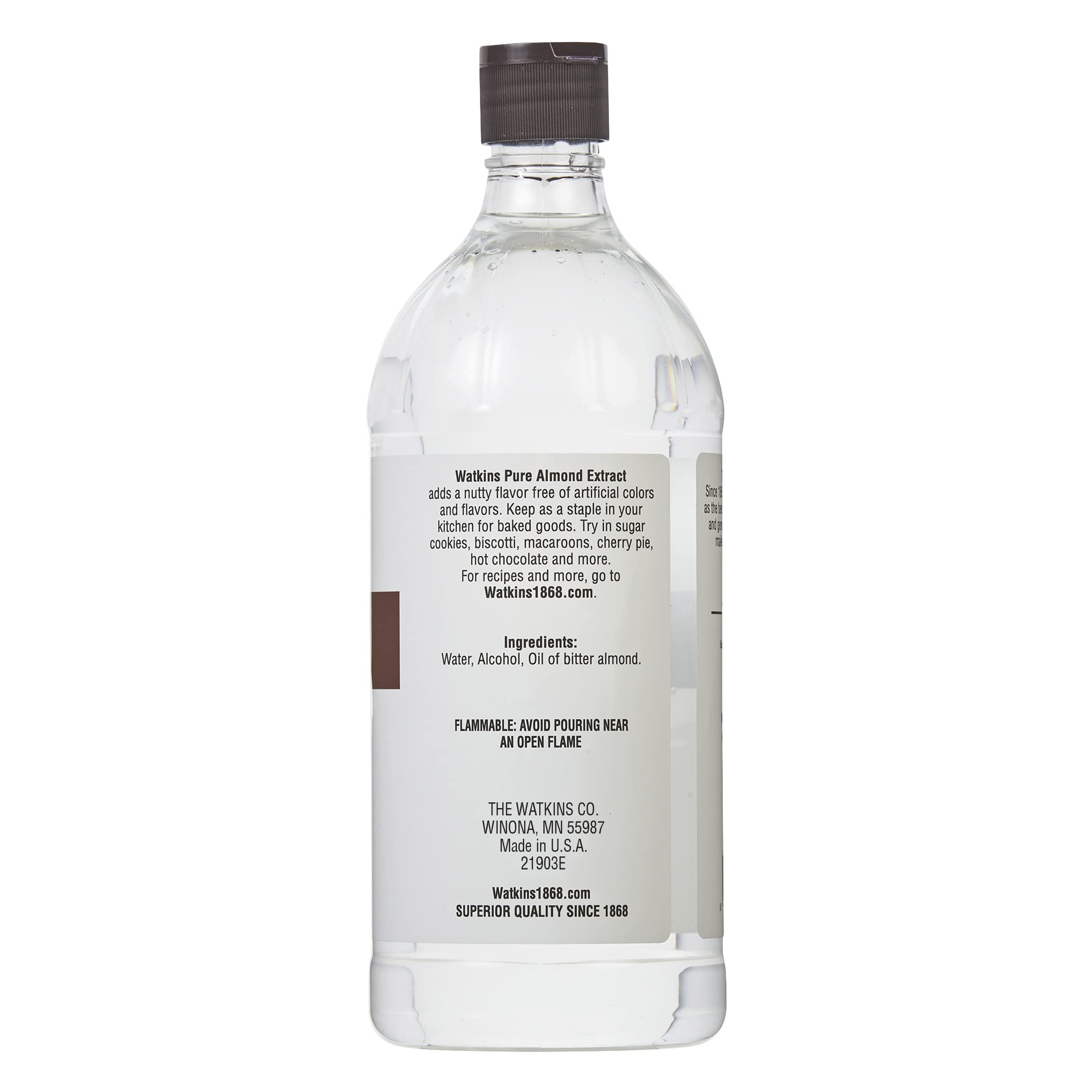 Watkins Pure Almond Extract label close-up showing purity.