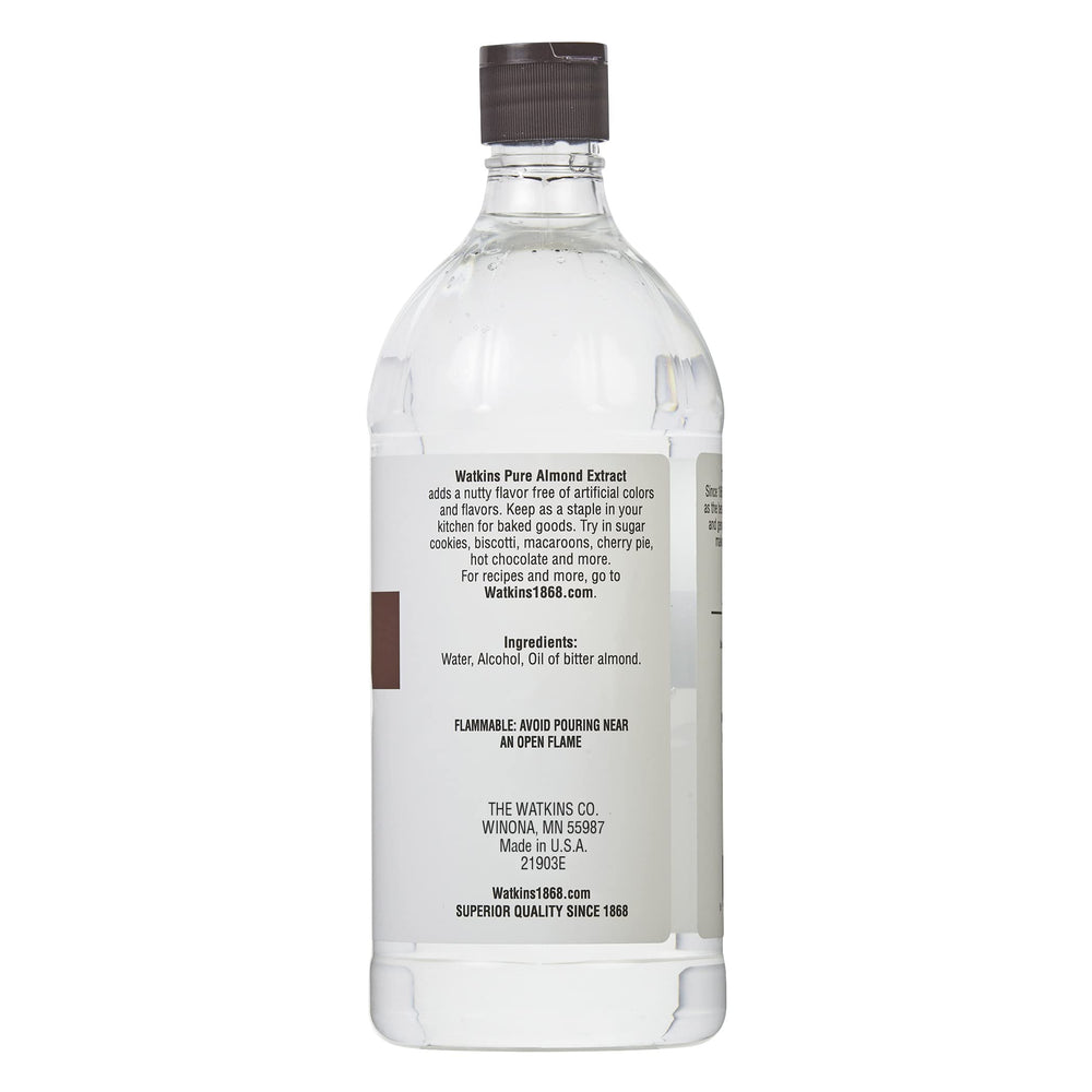 Watkins Pure Almond Extract label close-up showing purity.