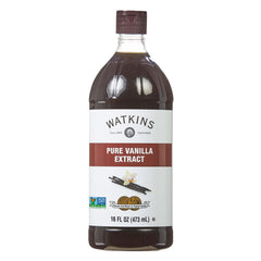 Watkins Pure Vanilla Extract bottle pour enhances cookies and cakes with rich Madagascar vanilla.