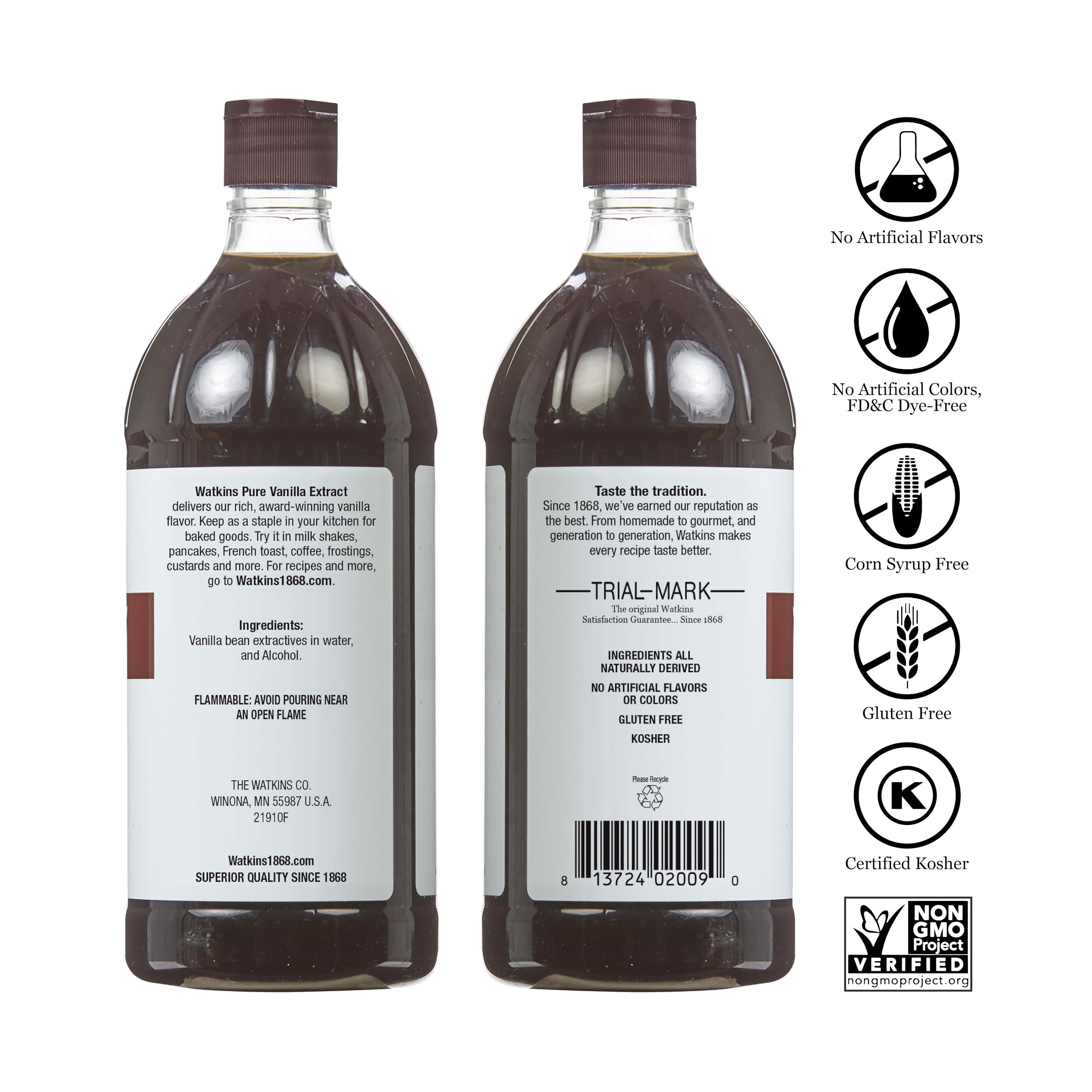 Watkins Pure Vanilla Extract label close-up highlights Madagascar vanilla beans.