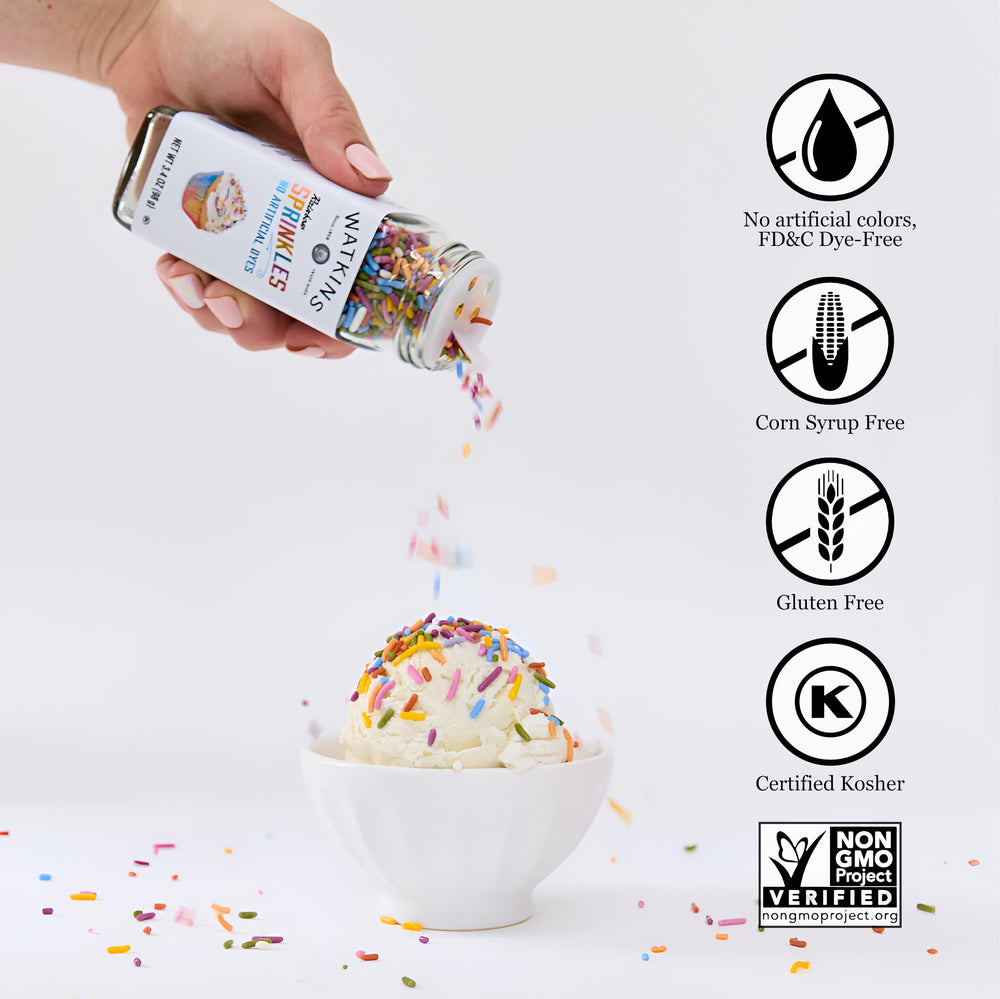 Watkins Rainbow Sprinkles brighten cookies and donuts with festive color