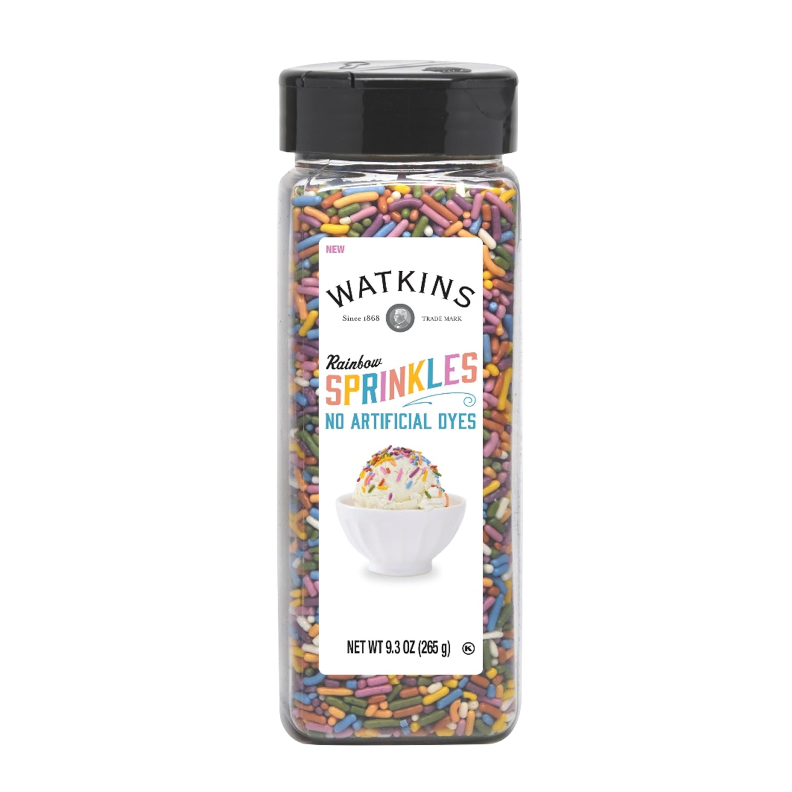 Watkins Rainbow Decorating Sprinkles on ice cream add vibrant, dye-free color