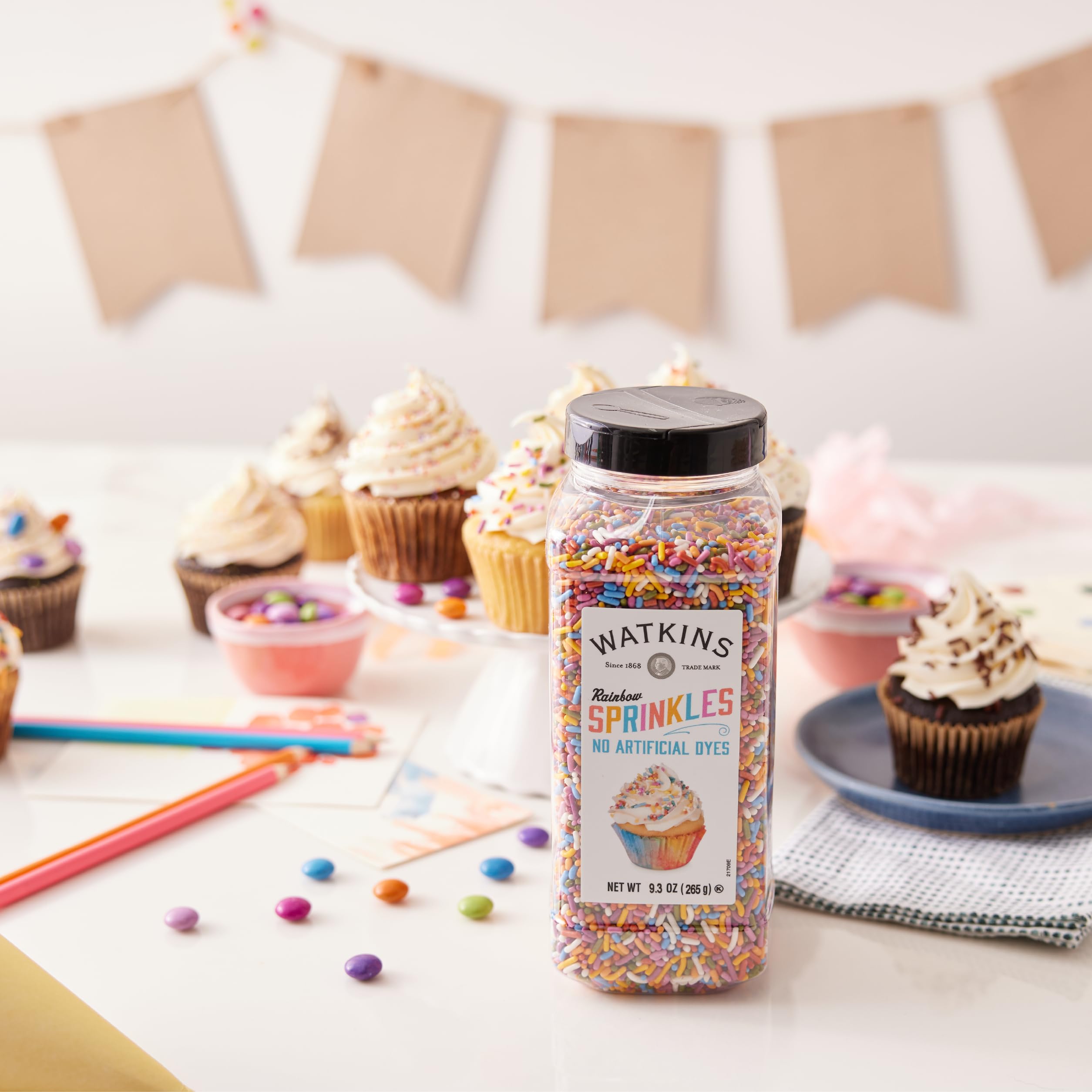 Watkins Rainbow Sprinkles provide secure, even topping for desserts