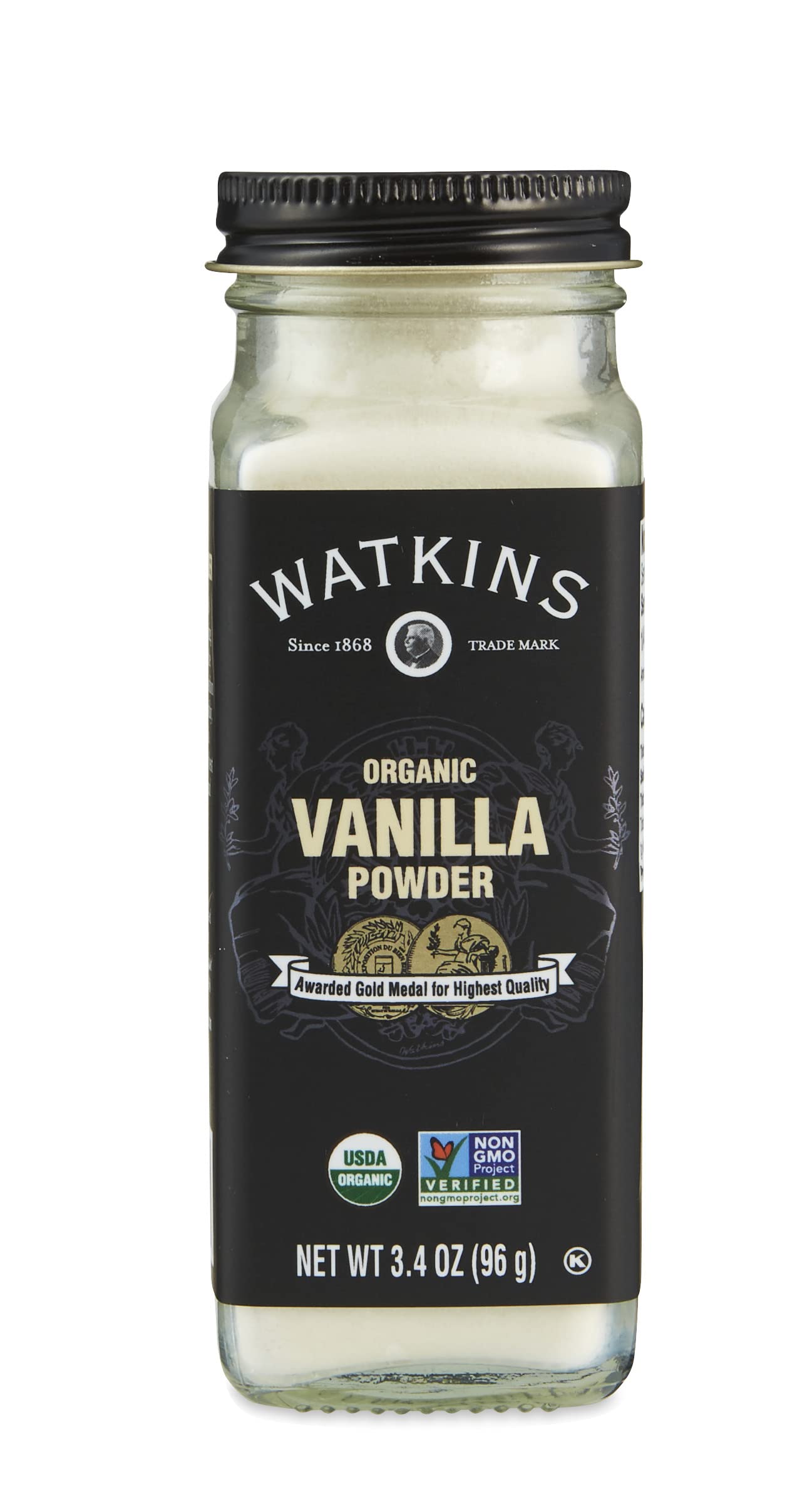 Watkins Organic Vanilla Powder jar front showing premium vanilla for gourmet baking