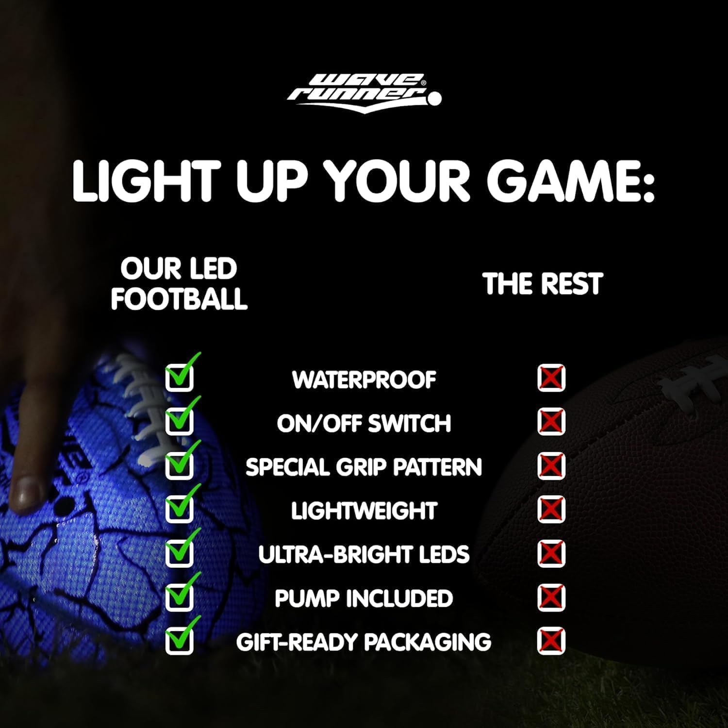 Wave Runner LED Football includes pump for quick inflation before games.