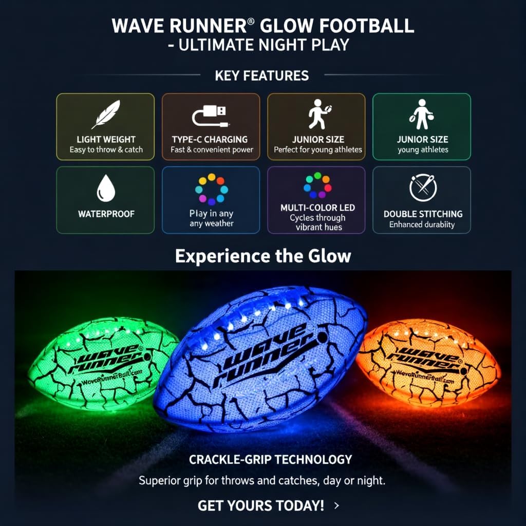 Wave Runner LED Football demonstrates bright night illumination for after-dusk play.