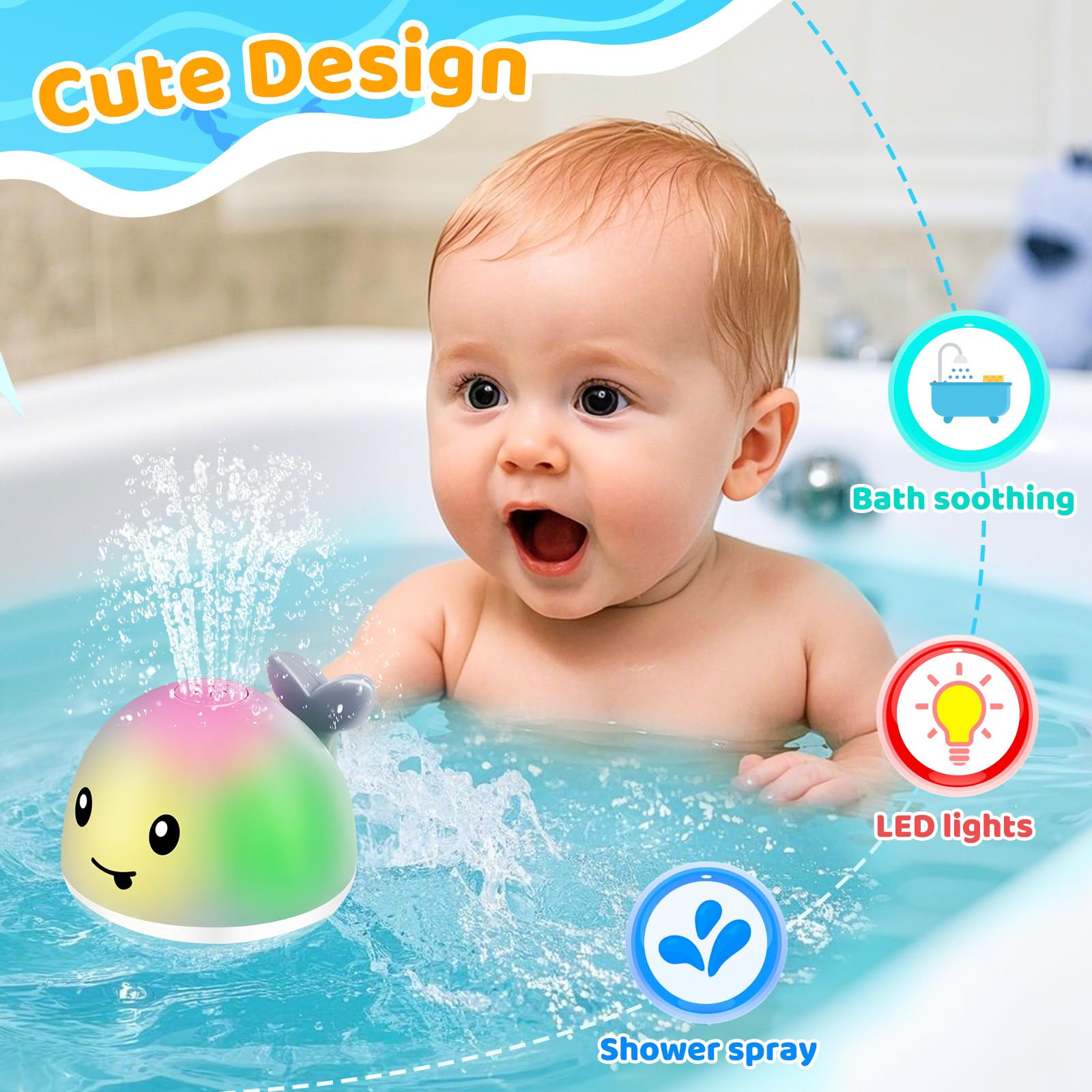 WAVISA whale bath toy lights and spray engage toddlers during bath time.