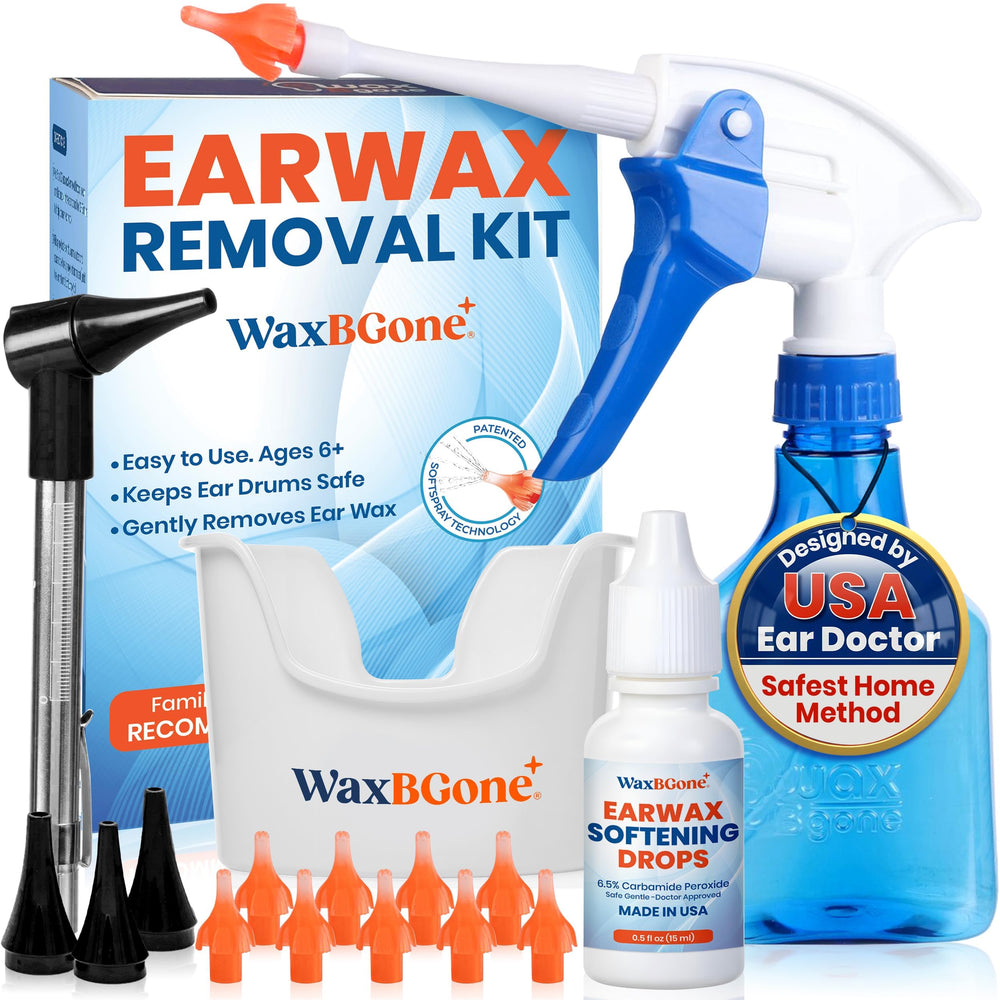 WaxBgone softspray irrigation tip delivering gentle, multi-stream ear cleaning for safe use at home.
