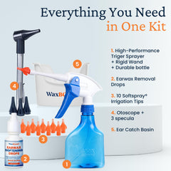 WaxBgone water-flush bottle enables high-volume irrigation for efficient wax loosening.