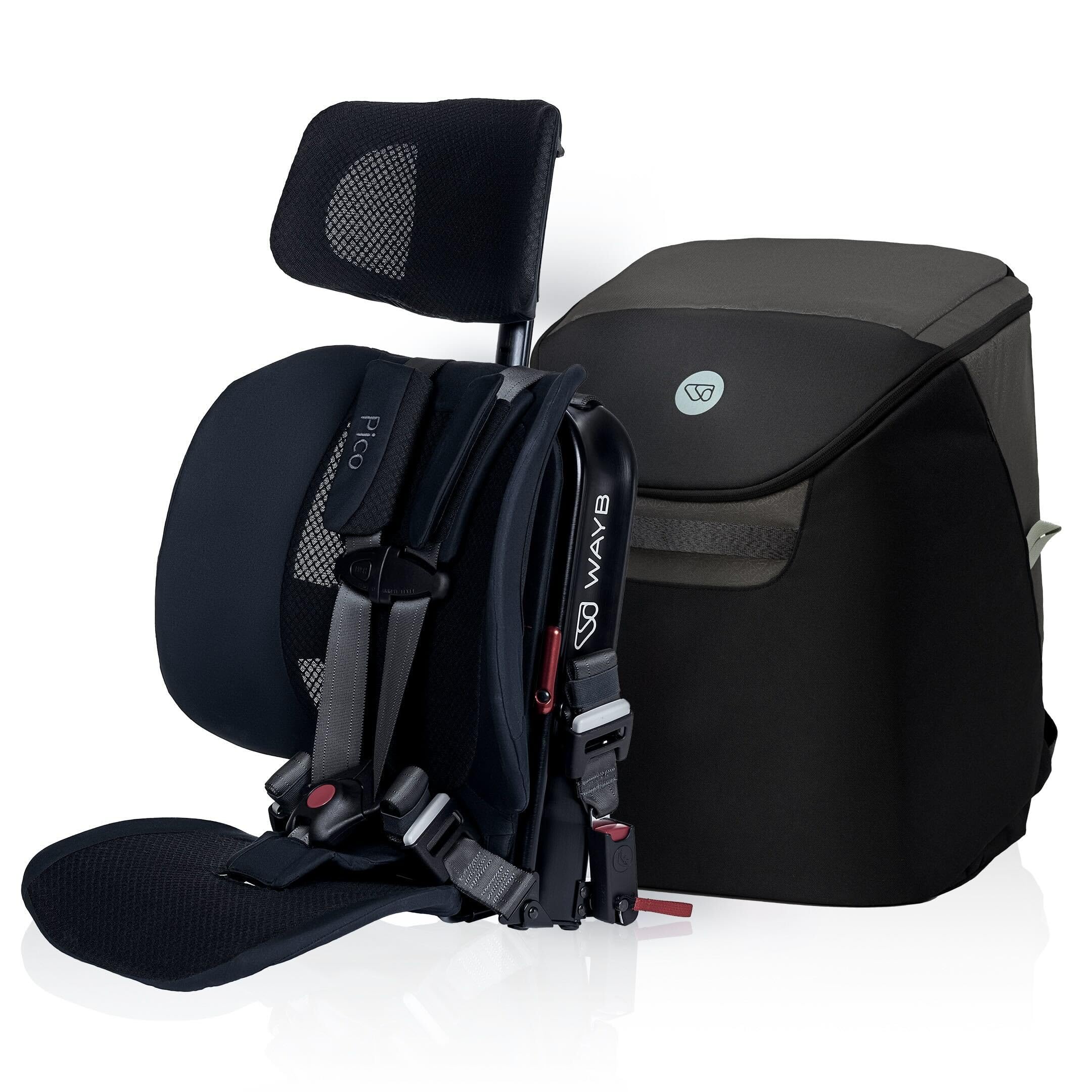 WAYB Pico travel car seat folded for compact airport storage and easy transport.