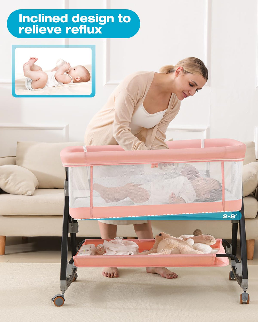 Wayfong bedside bassinet with 360-degree wheels for smooth, quiet movement.