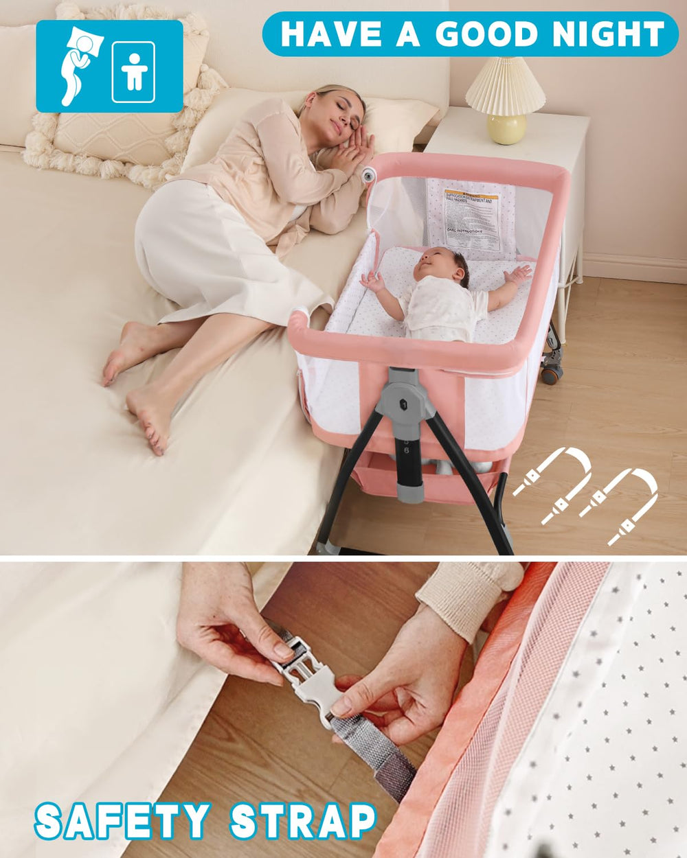 Wayfong bedside bassinet breathable mesh enables airflow and easy monitoring.