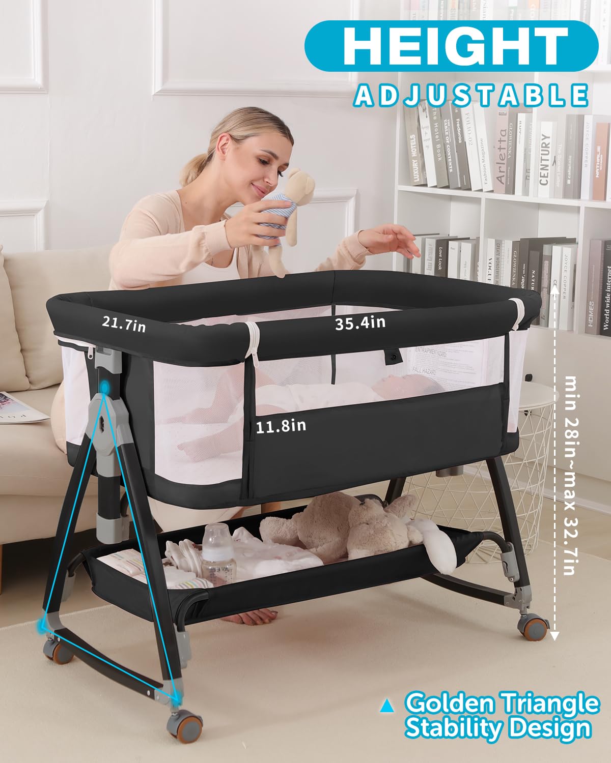 Wayfong bassinet on smooth wheels for bedside mobility