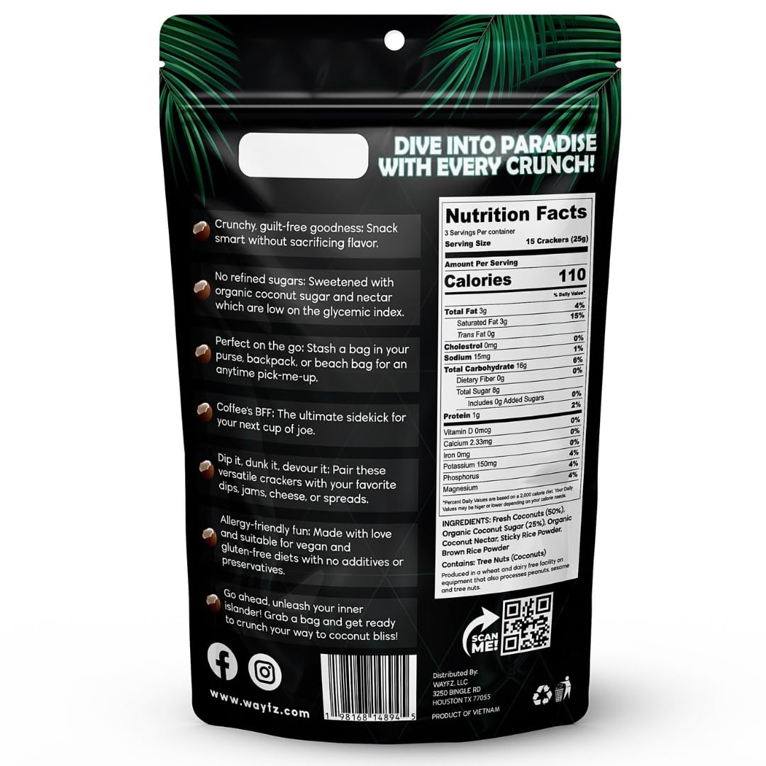 Wayfz roasted coconut crackers crisp texture closeup, ideal for snacking.
