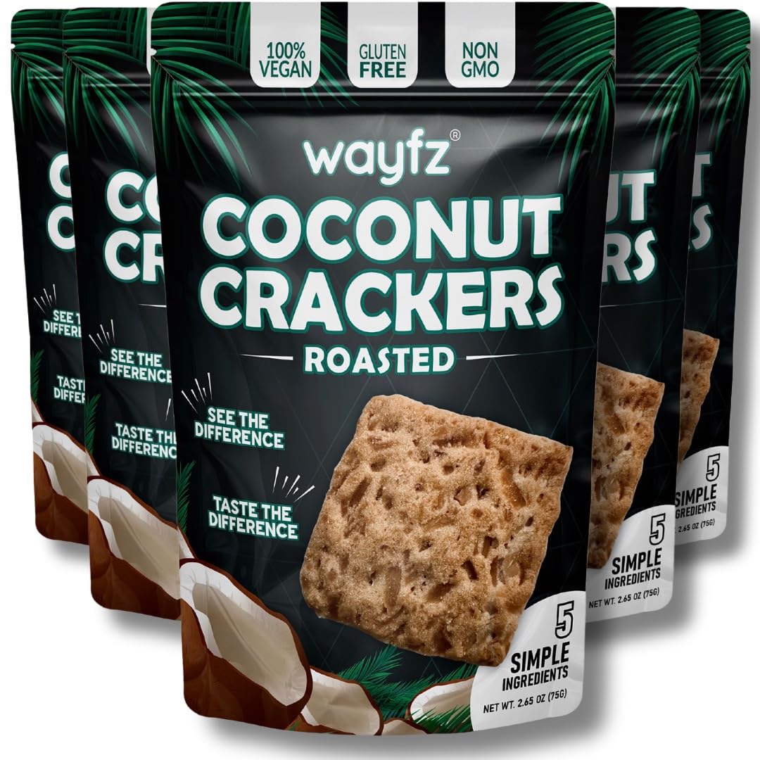 Wayfz roasted coconut crackers in golden bag, gluten-free snack option.
