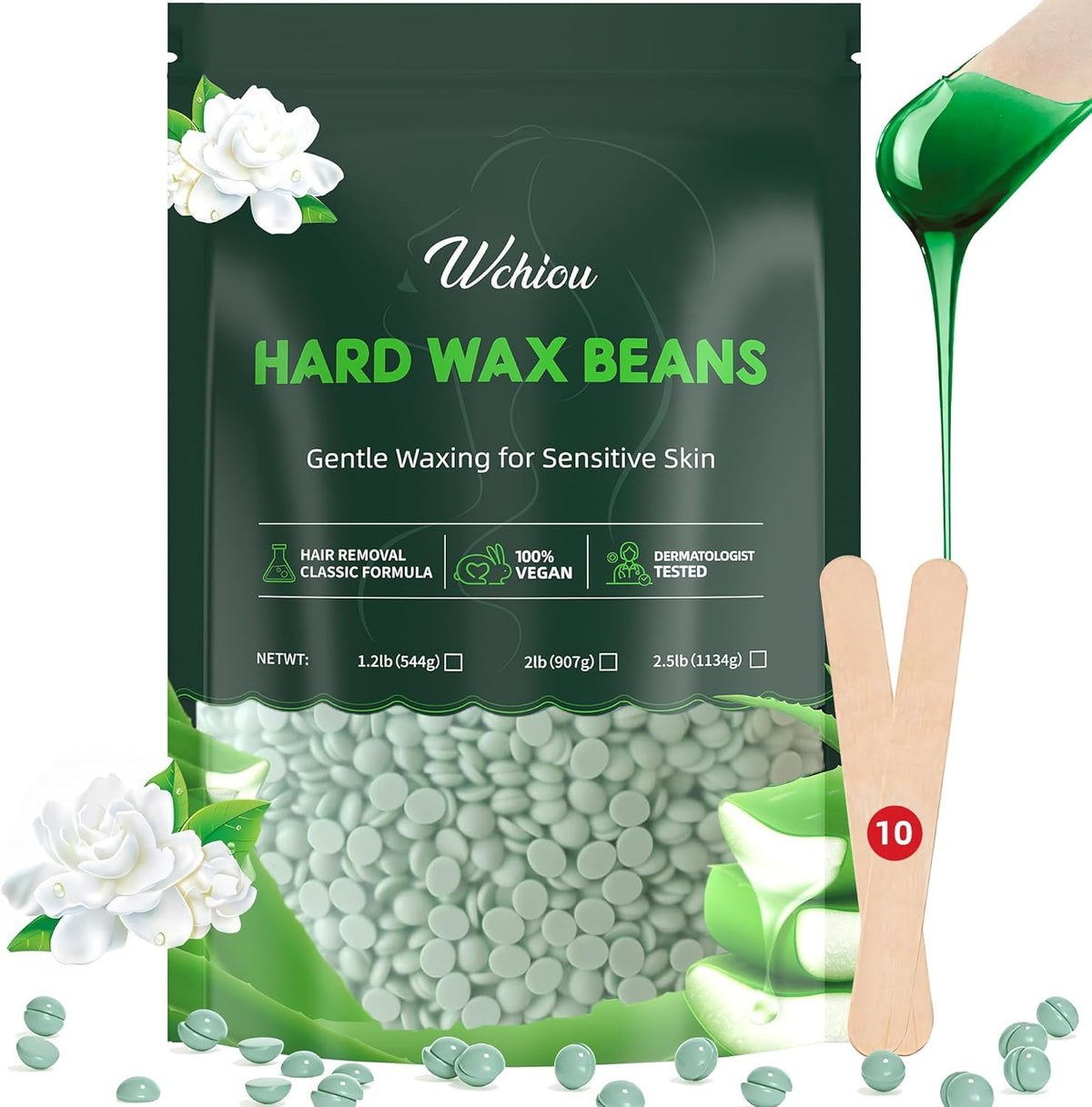 Wchiou hair removal wax beads close-up showing aloe-infused formula for sensitive skin.