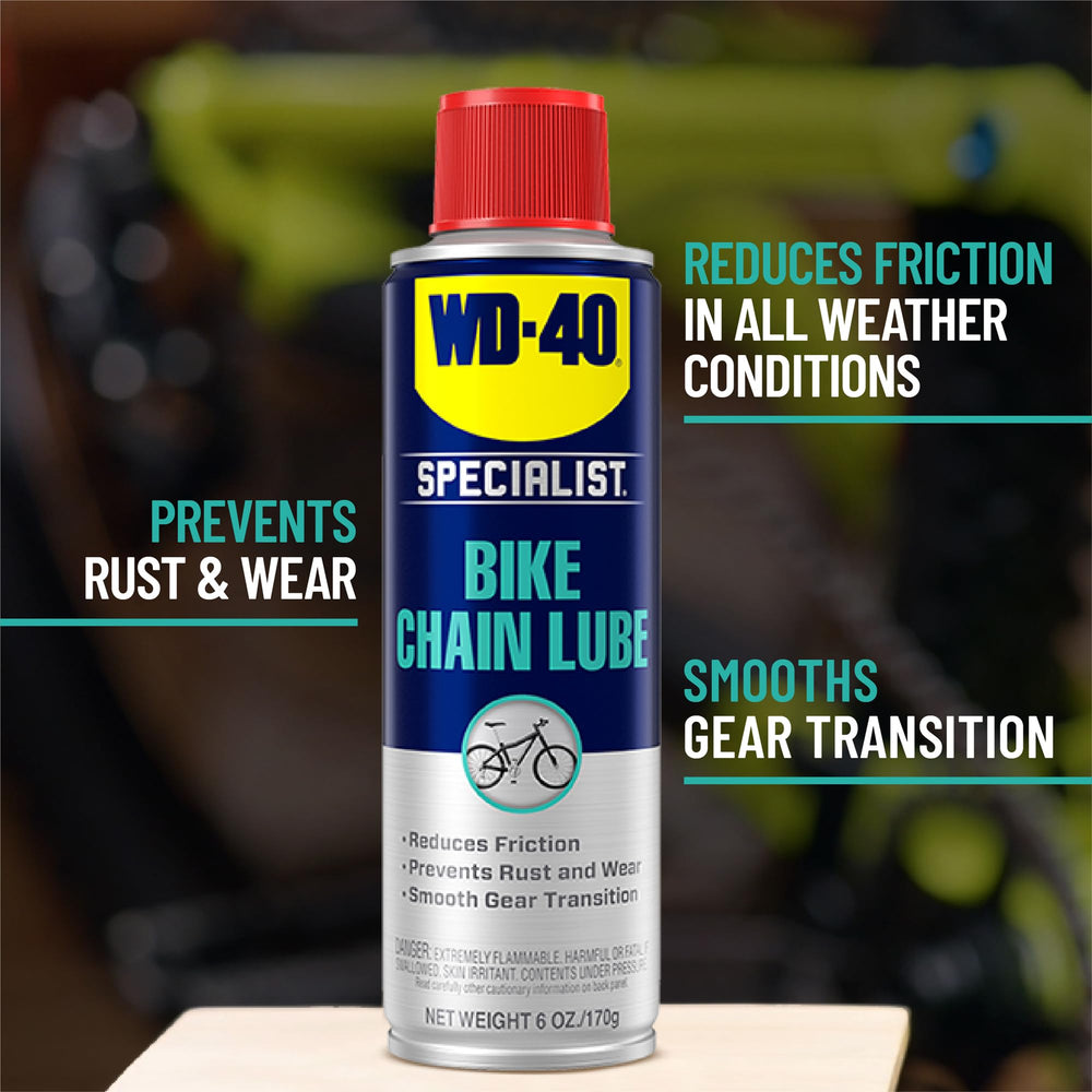 Close-up of WD-40 BIKE label highlighting corrosion inhibitors.