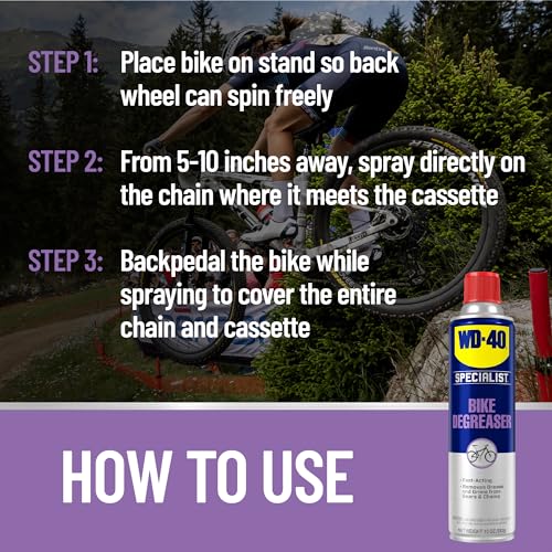 WD-40 BIKE Specialist Degreaser applied to drivetrain for thorough cleaning.