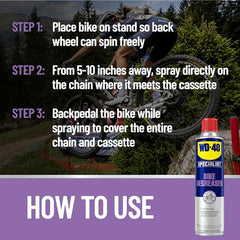 WD-40 BIKE Specialist Degreaser applied to drivetrain for thorough cleaning.