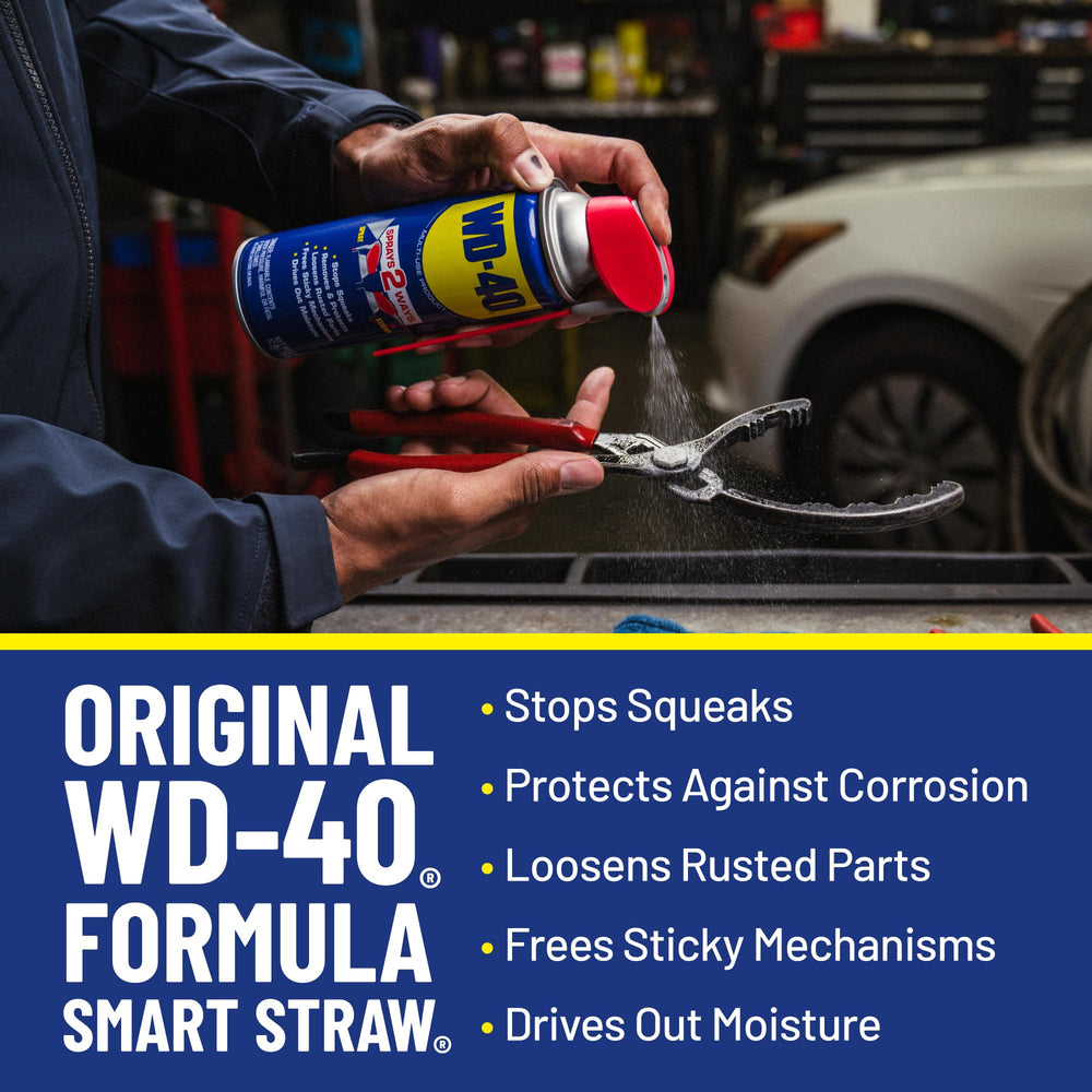 WD-40 Original Formula sticky-removal cleans grease, gum, and tar from surfaces