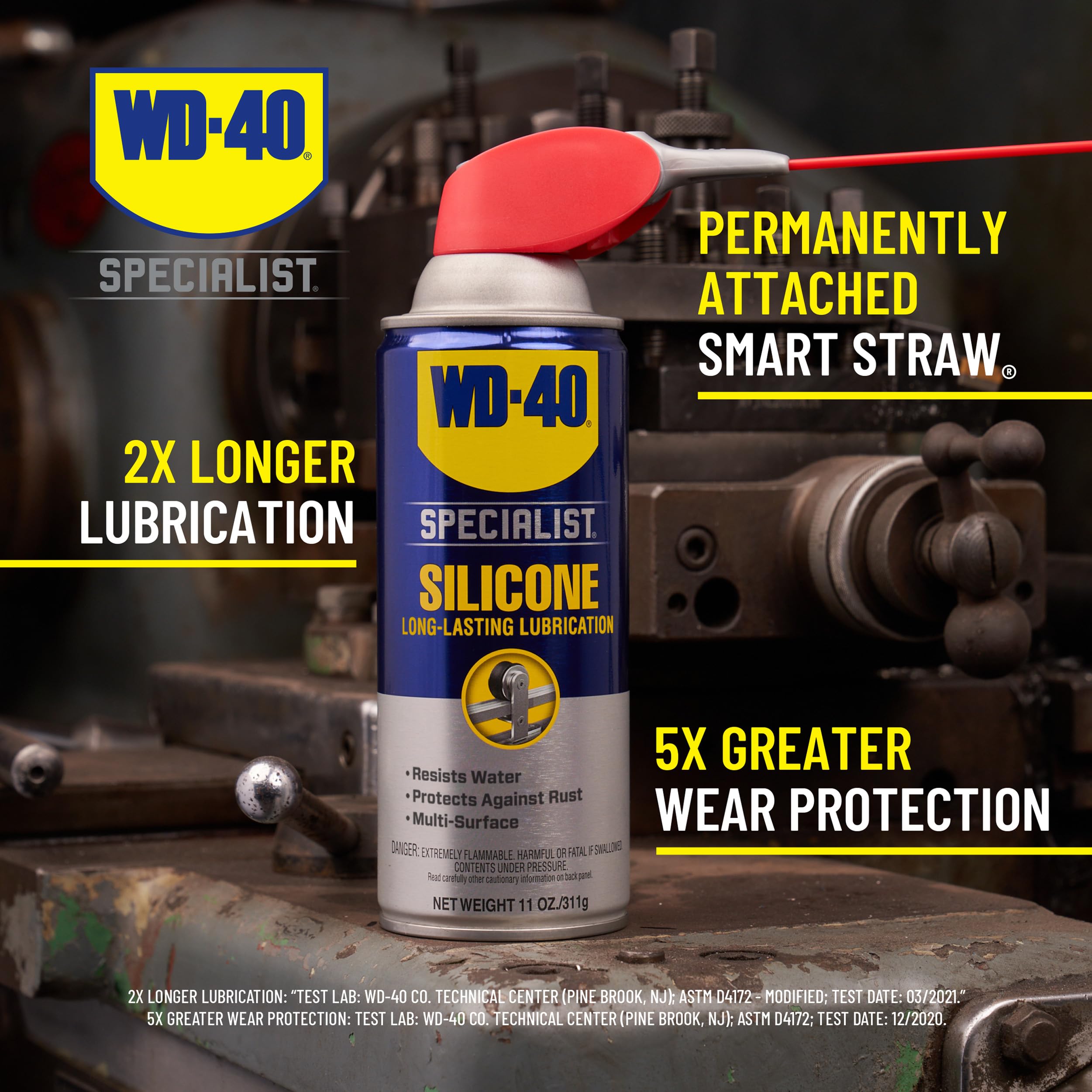 WD-40 Specialist Silicone, clear film protecting metal and plastic after fast drying
