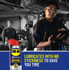 WD-40 Specialist Silicone Lubricant quick-drying film on metal and plastic.