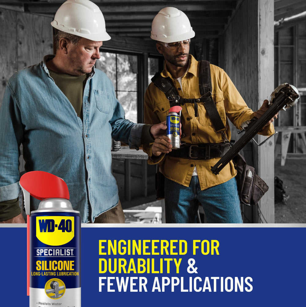WD-40 Specialist Silicone Lubricant multi-surface coverage for cables, hinges, and more.