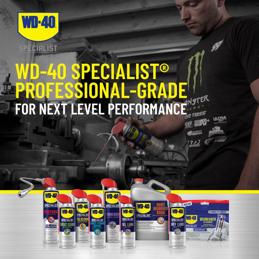 WD-40 Specialist silicone spray withstands temperature range for diverse applications.
