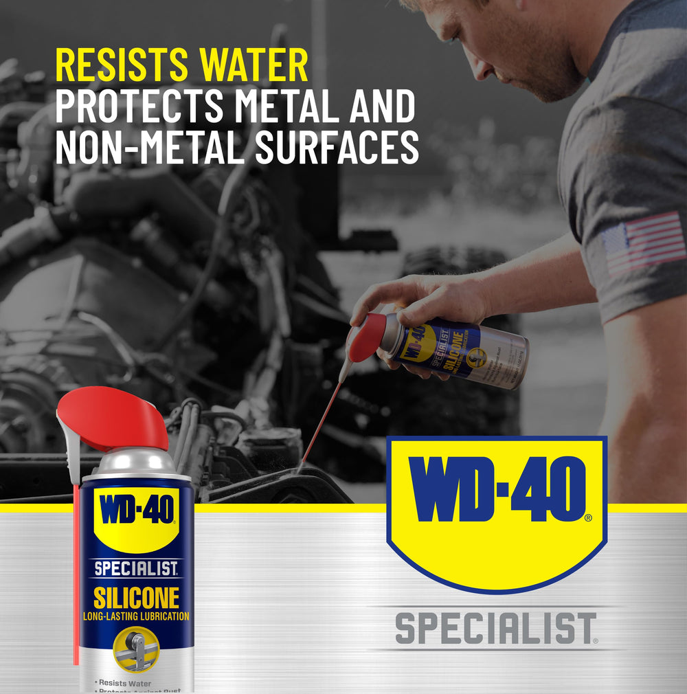 WD-40 Specialist Silicone Lubricant provides lasting wear protection on metal and rubber.