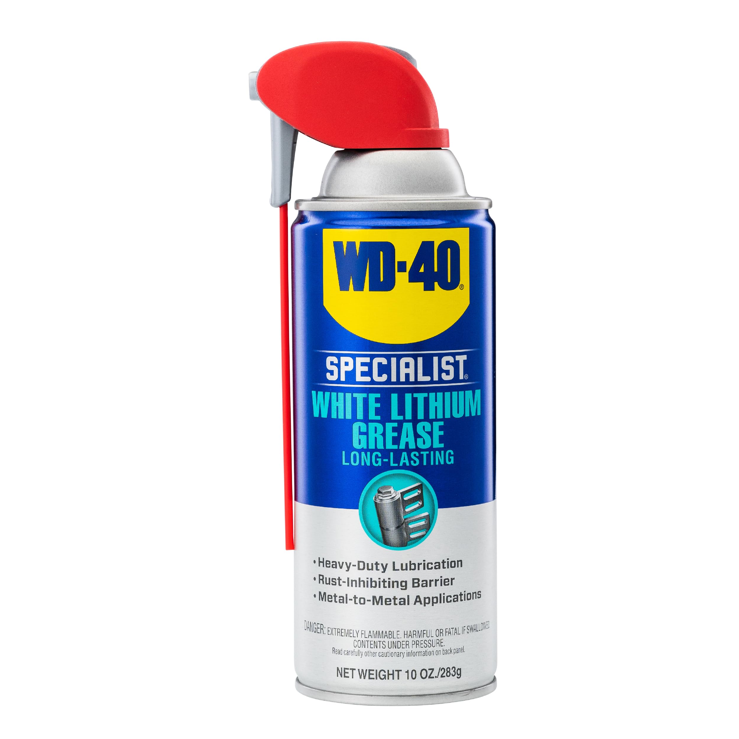 WD-40 Specialist White Lithium Grease spray with liquid-to-dry coating on metal surfaces