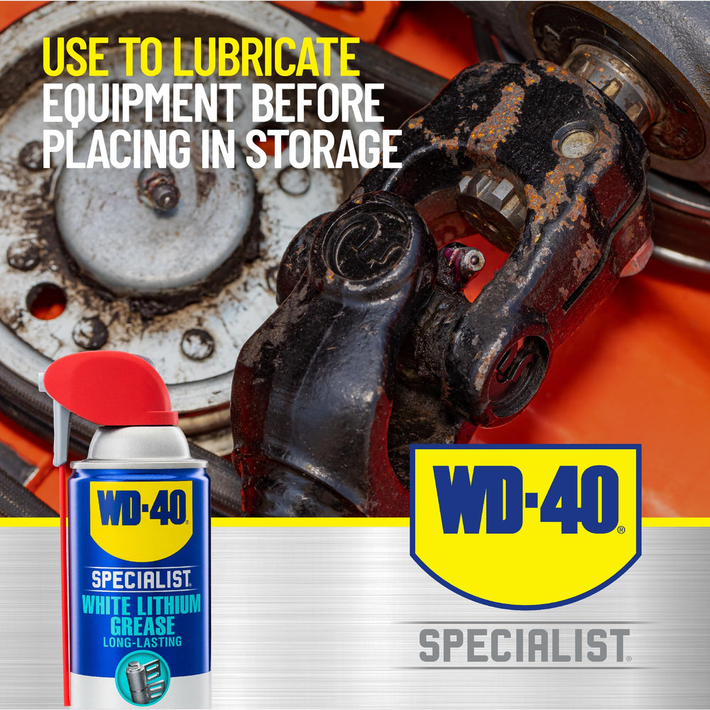 WD-40 Specialist White Lithium Grease spray ideal for equipment storage lubrication