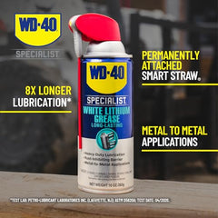 WD-40 Specialist White Lithium Grease spray forms a thick protective film that won’t run