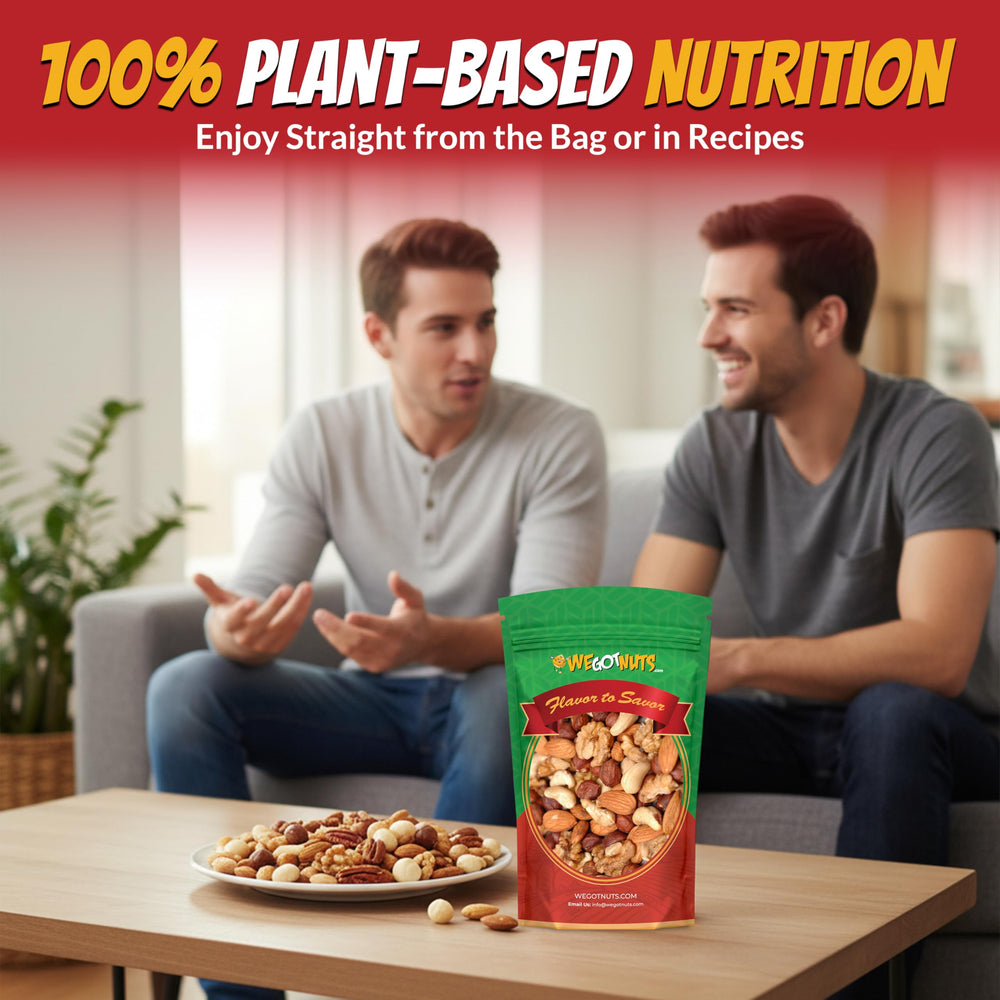 We Got Nuts ingredients montage highlights nut variety and wholesome snacking options.