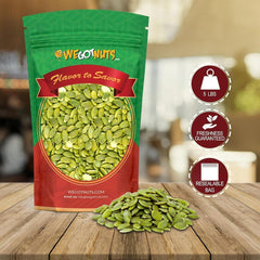 We Got Nuts pumpkin seeds close-up highlighting crunchy-chewy texture and nutty flavor.