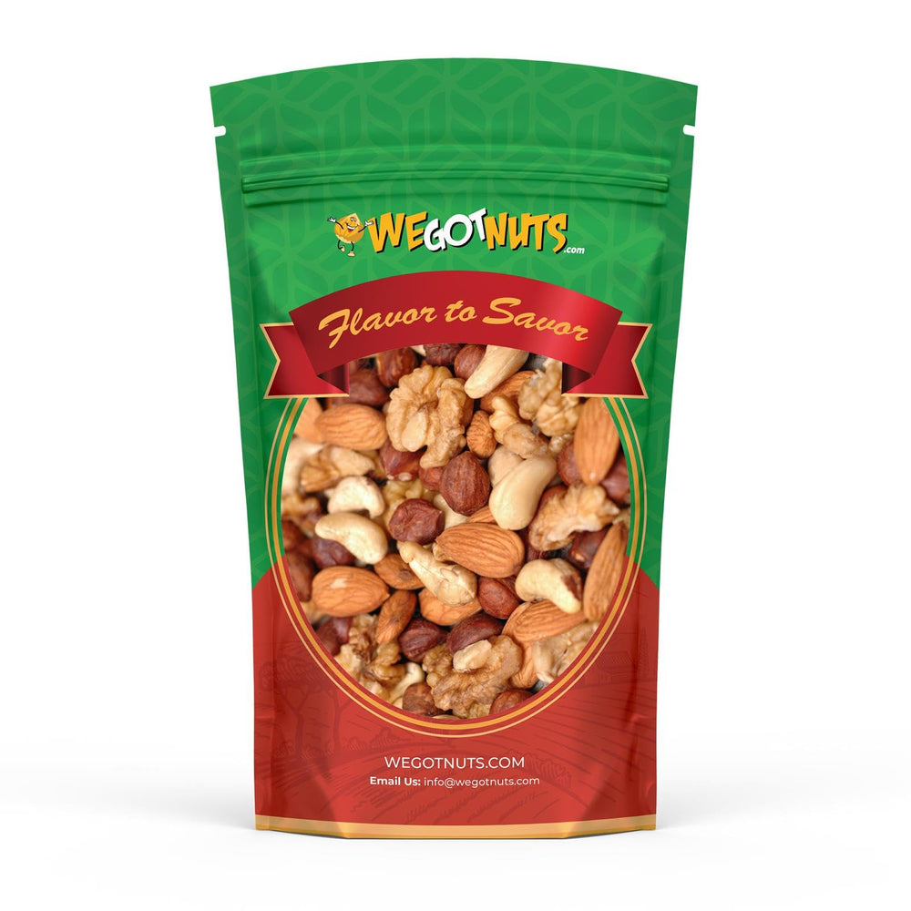 We Got Nuts raw deluxe mixed nuts in a bag; convenient resealable packaging for on-the-go snacking.