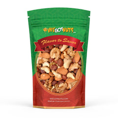 We Got Nuts raw deluxe mixed nuts in a bag; convenient resealable packaging for on-the-go snacking.