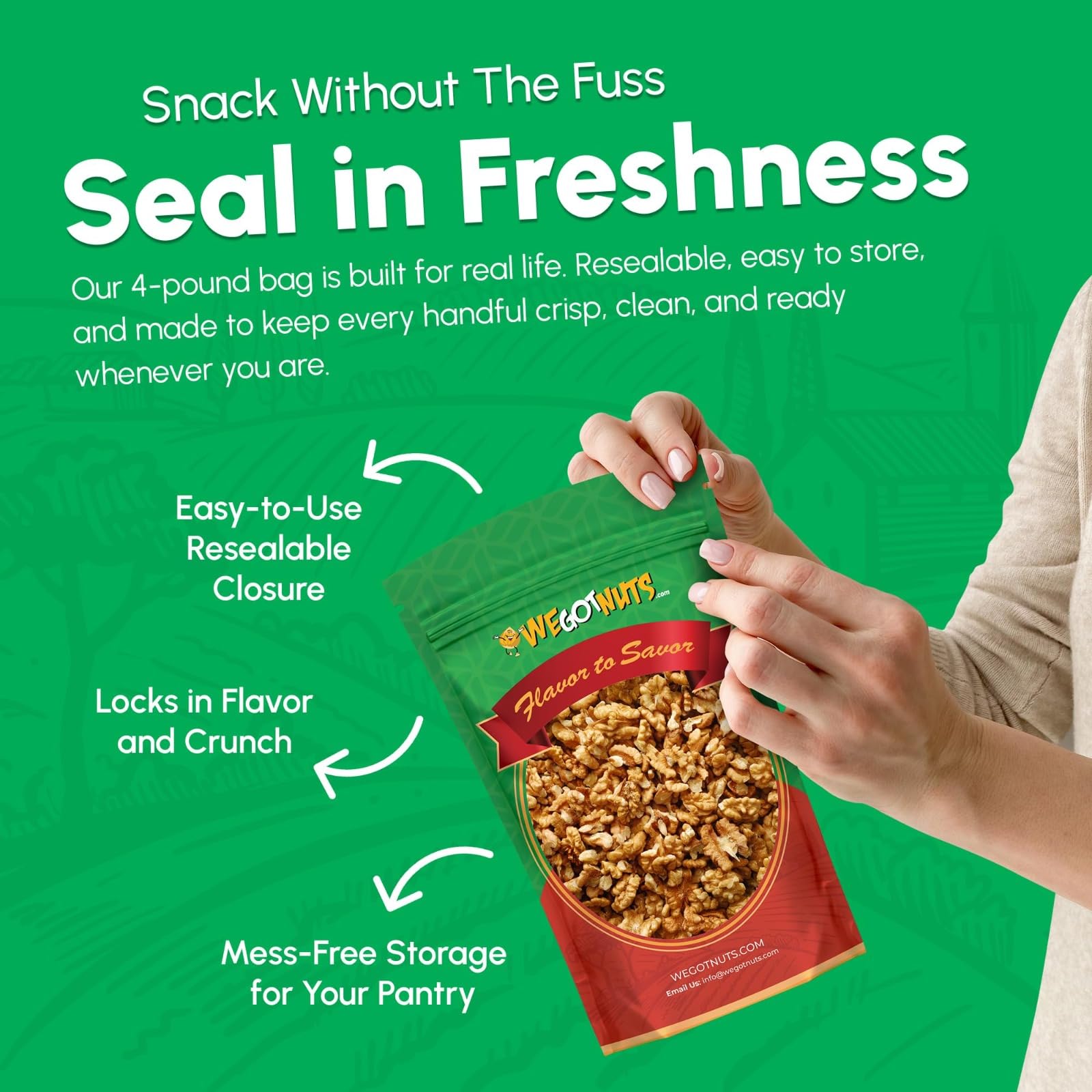 We Got Nuts snack-ready walnuts in bag for quick energy during busy days.