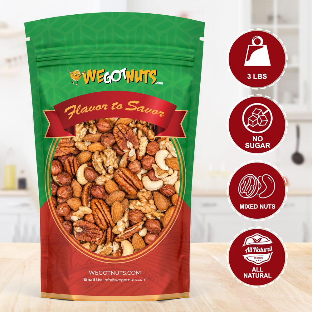 We Got Nuts unsalted mixed nuts closeup shows natural flavor and variety.