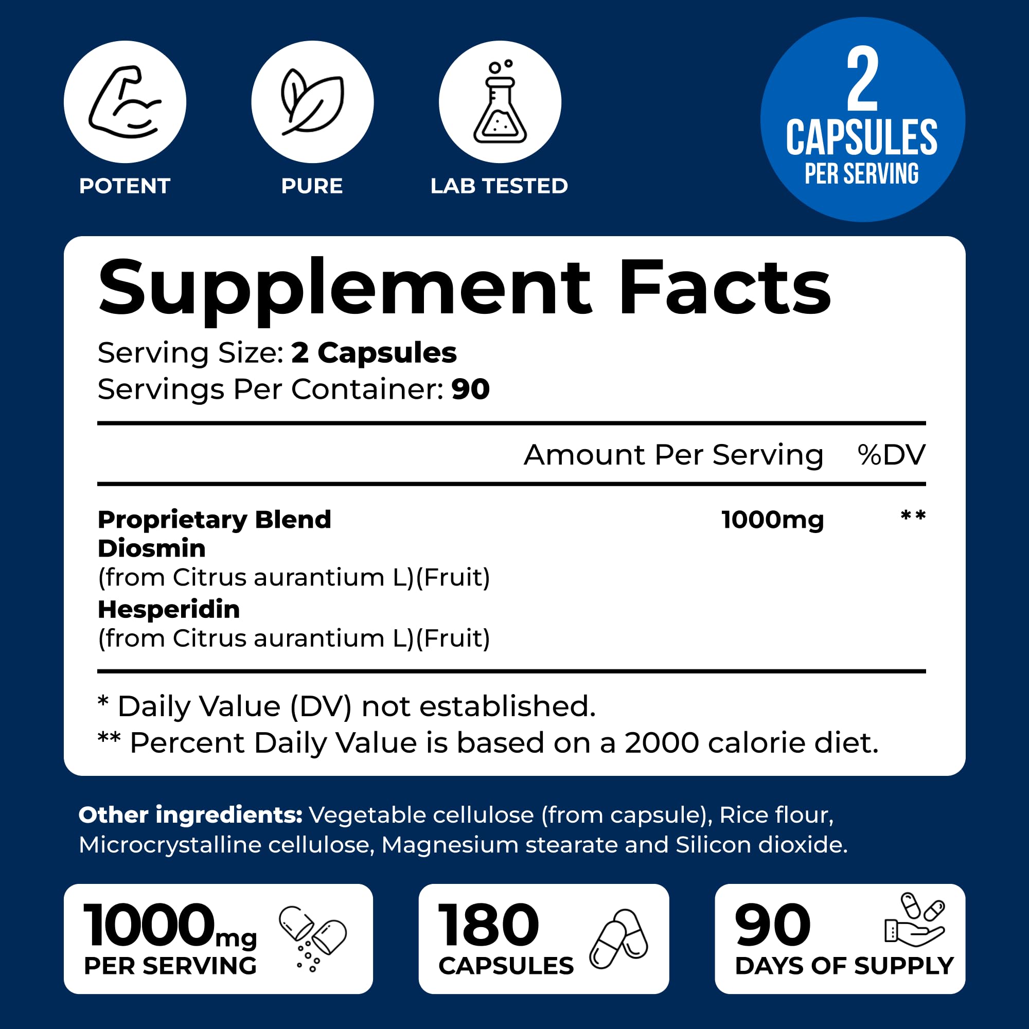 We Like Vitamins Diosmin Hesperidin box and bottle arranged for 90-day supply convenience.