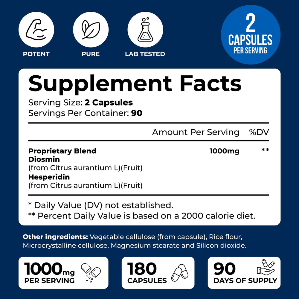 We Like Vitamins Diosmin Hesperidin box and bottle arranged for 90-day supply convenience.