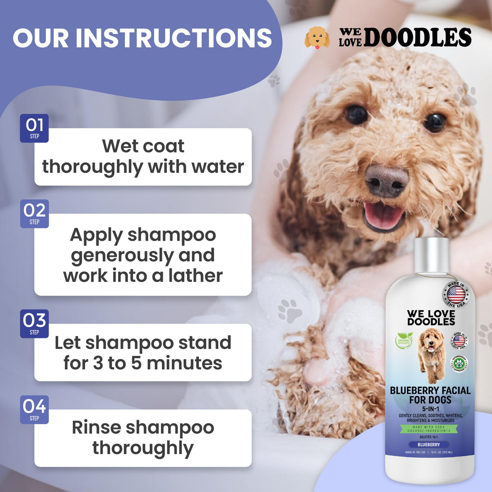 We Love Doodles bottle proudly shows Made in USA for safe grooming.