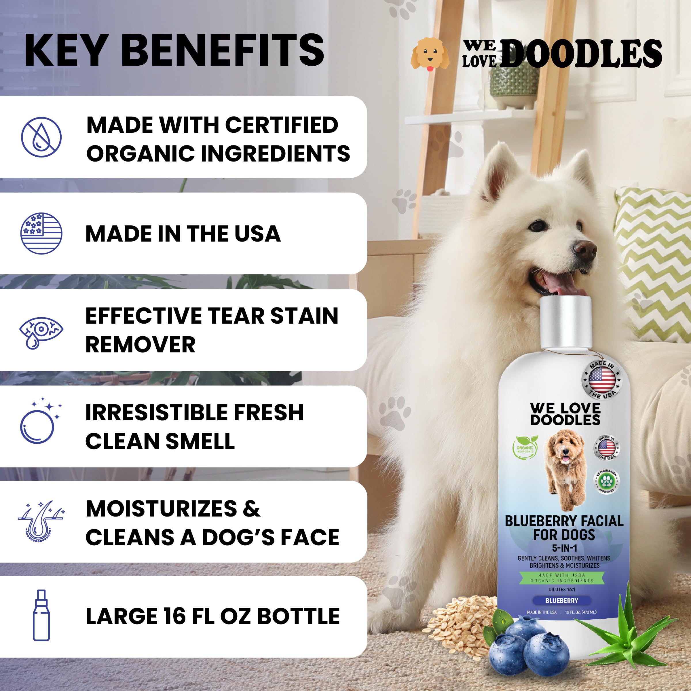 We Love Doodles Blueberry Facial Dog Shampoo targets tear stains around eyes.