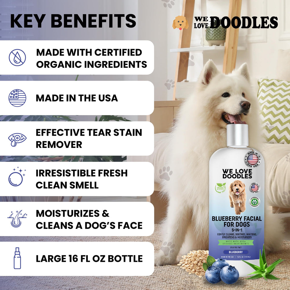 We Love Doodles Blueberry Facial Dog Shampoo targets tear stains around eyes.