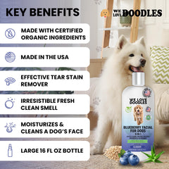 We Love Doodles Blueberry Facial Dog Shampoo targets tear stains around eyes.