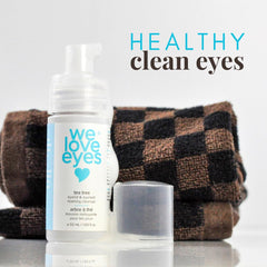 Foam-lather shows debris removal near lashes with We Love Eyes Tea Tree Eyelid Cleanser.