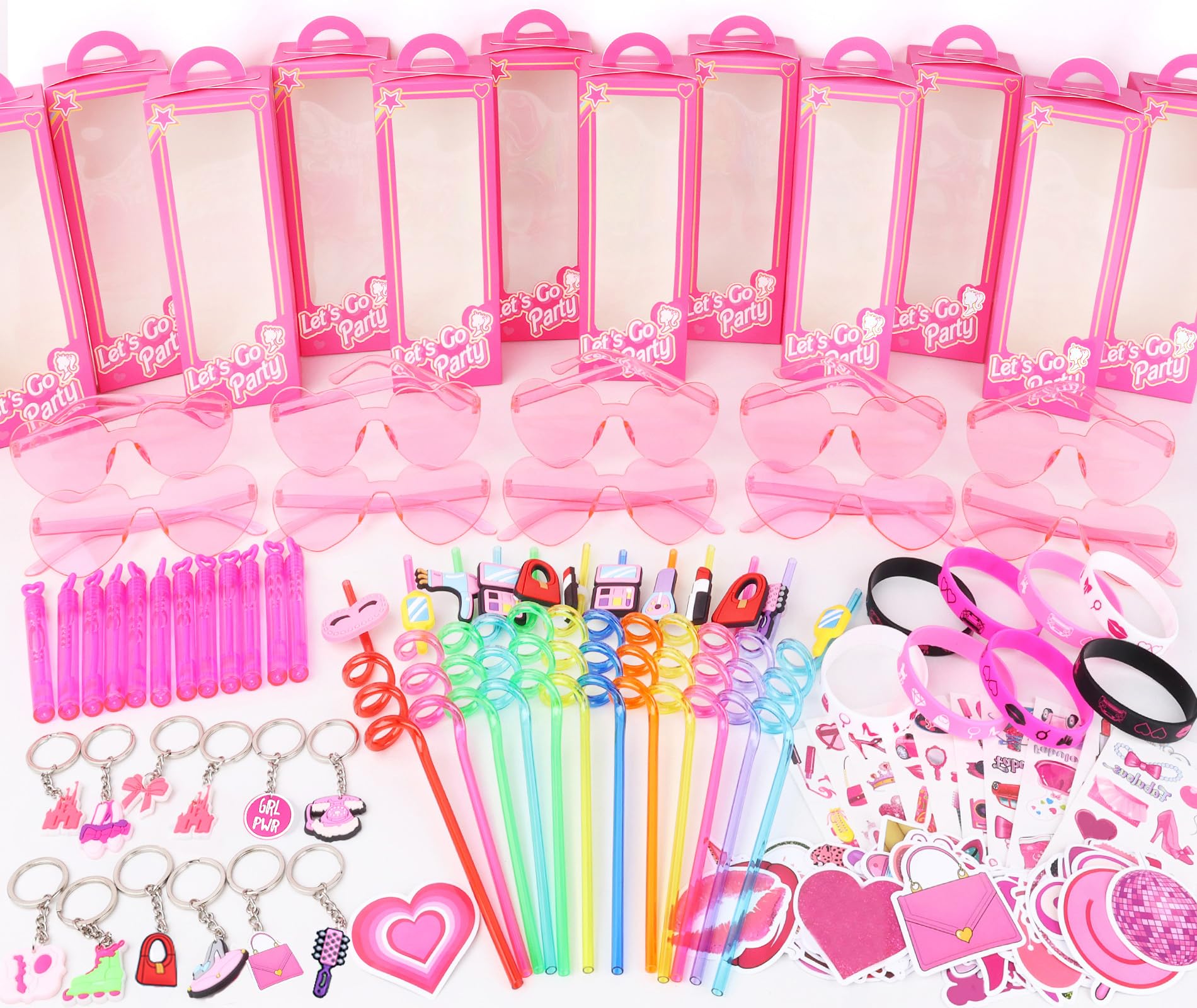 We1stdsee pink stickers, decorate and label party favors.