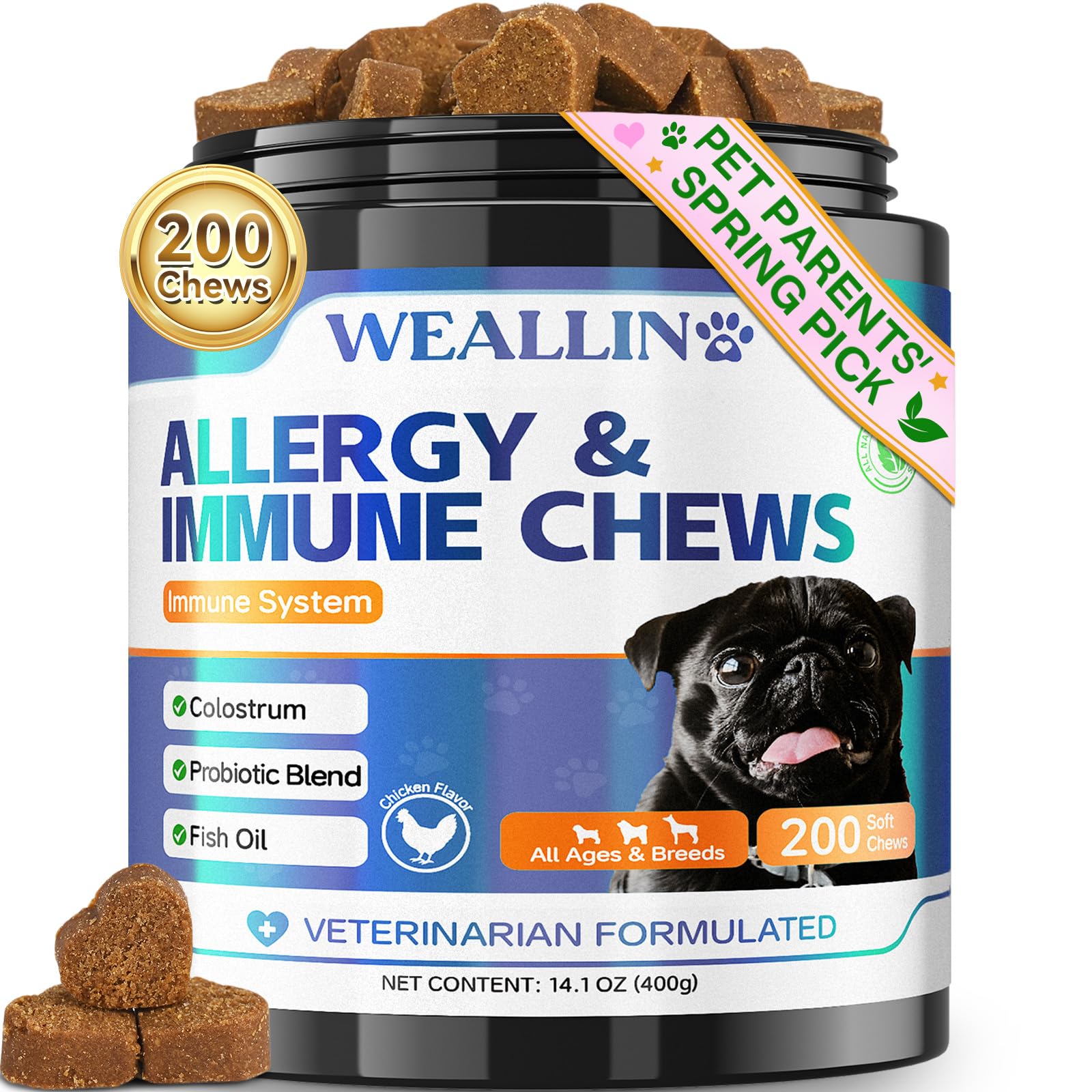 WEALLIN Dog Allergy Relief Chews bottle showing daily probiotic and omega-3 support for skin health.